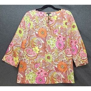 Talbots Silk Retro‎ 60s Top Sz M  Floral Paisley  Boho Hippie 3/4 Sleeve